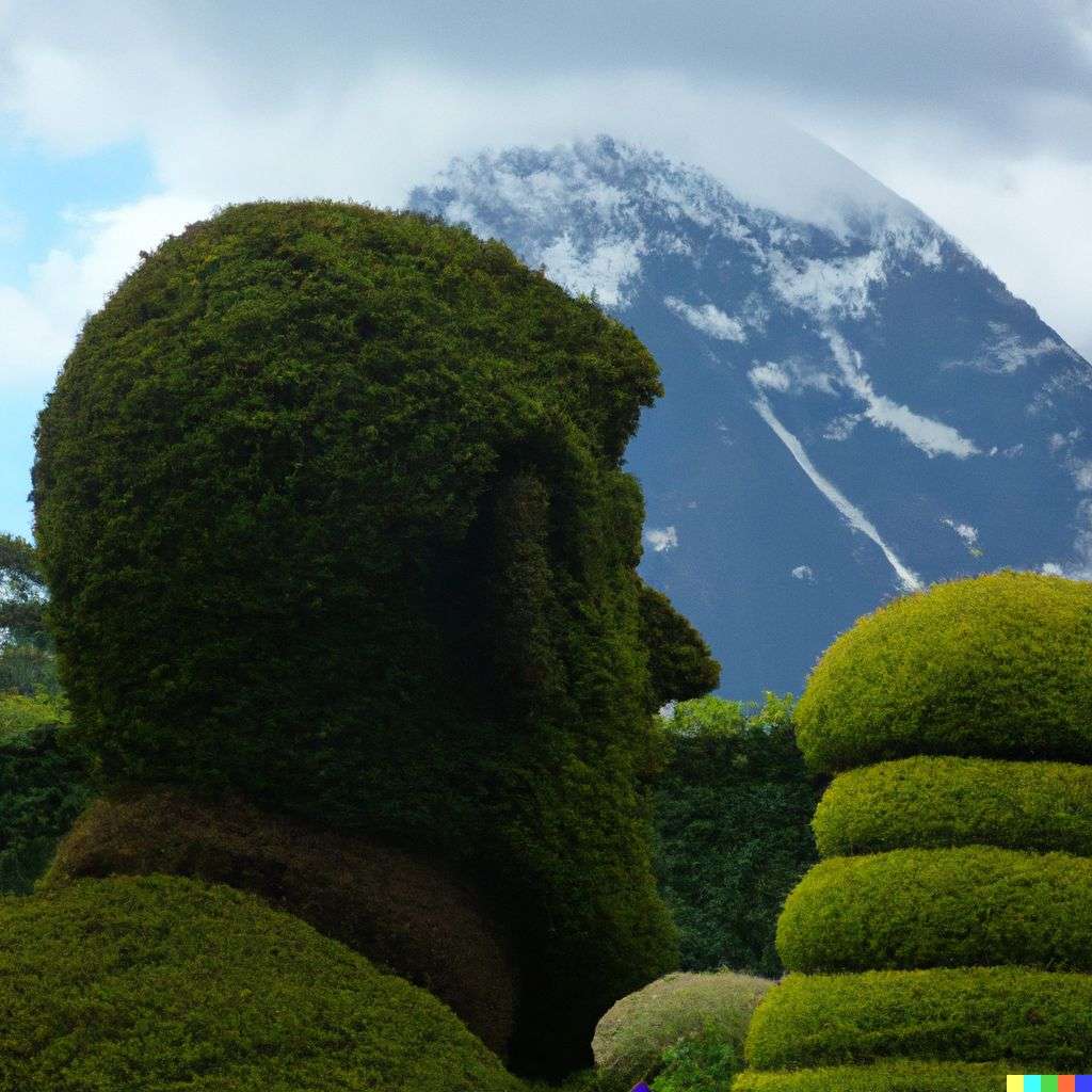 topiary in the shape of someone gazing at Mount Everest